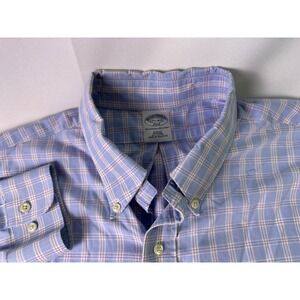 Brooks Brothers 346 Mens Slim Fit Non Iron  Plaid Dress Shirt Blue 17.5 34/35